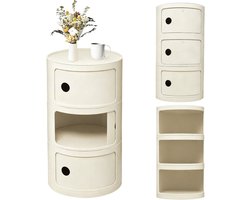 Ronde Nachtkastje met Schuifdeur 3-Laags – Crèmekleurige Opbergkast met Meerdere Vakken – Moderne ABS Bijzettafel 58x32 cm