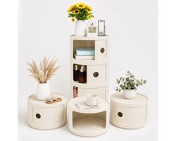 Ronde Nachtkastje met Schuifdeur – 3 Laags Opbergkast – Moderne Ronde Bijzettafel – Multifunctionele Opbergkast – Slaapkamer & Woonkamer Meubel – Crèmewit