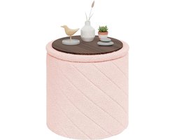 Ronde Opbergpoef met Zachte Bouclé Bekleding - 43x43x45cm - Roze Voetenbank en Zitkruk