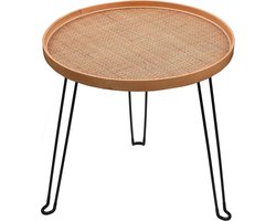 Ronde opvouwbare bijzettafel van hout en rotan met metalen statief - Boho-stijl salontafel - Hoogte 44 cm - Rasterpatroon