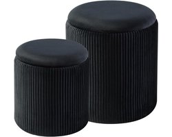 Ronde Ottomaan - Opberg Poef - Extra Opbergruimte - Waterdicht Tafelblad - Set van 2 - Zwart