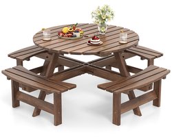 Ronde Picknicktafelset voor 2-8 Personen Ronde Kampeertafel met 4 Ingebouwde Banken 5 cm Parasolgat Buitentafel en Stoelen-Bruin