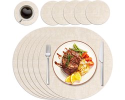 Ronde Placemat En Onderzetter Set – 6-Delige PU Leren Kerst Tafellopers – Hittebestendig – Wasbaar – Antislip – 43 cm – Beige – Voor Keuken En Eettafel