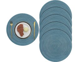 Ronde placemats van katoen, set van 6, 38 cm, wasbaar, hittebestendig, antislip, voor de eettafel, blauw