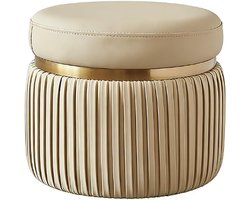 Ronde Poef Voetenbank - Gestoffeerde Krukje - Extra Zitplaats Rust - Hoogwaardig Leer Schuim - 37x37x32 cm - Beige