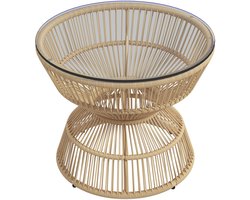 Ronde Rattan Salontafel voor Buiten – Moderne Boho-Stijl Tuinset met Gehard Glazen Blad en Verstelbare Voetjes – Weerbestendig en UV-Bestendig Terrastafeltje voor Balkon, Tuin en Veranda