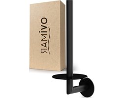 Ronde reserverolhouder in zwart roestvrij staal en glas - Zelfklevende toiletrolhouder voor 2 rollen toiletpapier