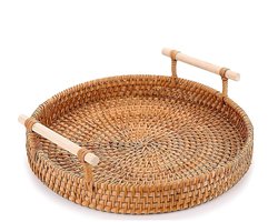 Ronde Rieten Dienblad Van 22 cm - Handgeweven Met Een Stevige Basis, Rustiek Ontwerp, Gemakkelijk Schoon Te Maken - Geschikt Voor Decoratie, Salontafels, Het Bewaren Van Fruit, Groenten, Brood, Ook Ideaal Voor Eetkamers En Keukens