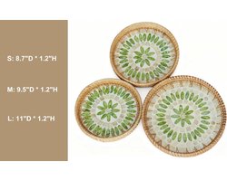 Ronde rieten dienbladen, 3-delige set - Decoratieve tafeldienbladen (8,7 tot 11 inch in diameter, 1,2 inch hoog) - Groen rankenbloemenpatroon