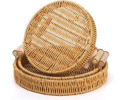 Ronde rieten dienbladen met handvatten, decoratieve gevlochten rieten manden, perfect Geschikt voor het decoreren van salontafels (3-delige set)