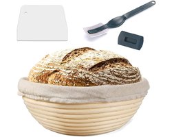 Ronde rijsmandje, diameter 25 cm, hoogte 8,5 cm, set voor brood bakken voor brood bakken bevat 1 kg deeg, een natuurlijke, handgemaakte rotan mand met linnen inzetstuk + deegschraper +