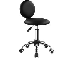 Ronde rolkruk met rugleuning PU lederen zitting - werkkruk op wielen schoonheidsstoel met draaibare zitting voor kapperszaak (zwart)