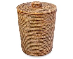 Ronde Rotan Afvalmand met Kunststof Inzet en Deksel - Honingbruin