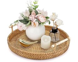 Ronde rotan geweven dienblad 28 cm decoratieve display lade opbergschalen met handvat tafel desktop organizer lade voor koffie, drank, ontbijt, thee, kaars