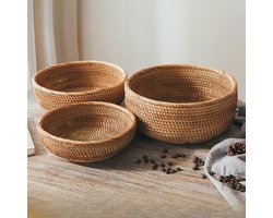 Ronde rotan opbergmand, rieten fruitmand, natuurlijk gevlochten opbergrek voor keuken/eetkamer (rond)