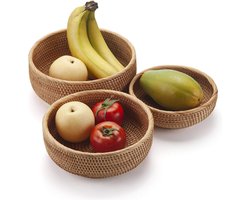 Ronde Rotan Opbergmanden Geweven Fruitschalen Rieten Sleutelhouder Stapelbaar voor Keuken Tafelblad Natuurlijke Set van 3