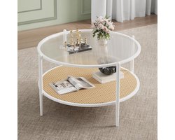 Ronde rotan salontafel met opbergruimt - Wit - tweelaags glazen blad met watergolfmotief - 76x48 cm - modern bijzettafel voor woonkamer - slaapkamer & kantoor
