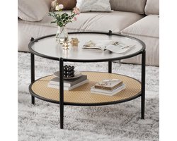 Ronde rotan salontafel met opbergruimt - zwart - tweelaags glazen blad met watergolfmotief - 76x48 cm - modern bijzettafel voor woonkamer - slaapkamer & kantoor