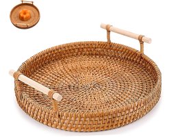 Ronde rotan schaal - Rotan rond dienblad - Dienblad met handvaten - Geweven mand -Voedselbewaarbox - Handgeweven - Rustieke stijl - Stabiele bodem - 22 cm x 3 cm - Geschikt voor decoratie en het bewaren van fruit en groenten