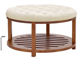 Ronde, Ruime Salontafel (810 X 810 X 476 mm) met Stevige Houten Plank, Multifunctionele Gestoffeerde Poef met Linnen Bekleding, Ideaal voor Slaap- en Woonkamer, Draagvermogen 158,76 kg, Linnenkleur