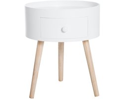 Ronde Salontafel 38 x 38 x 45 cm, Wit, Hout, Scandinavisch Design, Bijzettafel Met Lade, Koffietafel, Nachtkastje, 3 Poten, Opbergruimte, Ronde Tafel, Voor Woonkamer, Slaapkamer, Kinderkamer, Naast Bank, Compact Meubel