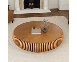 Ronde Salontafel 80 cm x 80 cm x 35 cm – Moderne Design Koffietafel met Geribbelde Houtstructuur en Opbergleven – Compacte Woonkamer Tafel in Bruin – Art Deco Stijl – Merk Faisal