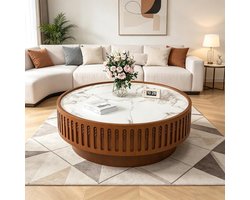 Ronde Salontafel 90x90x35 cm – Trommelvorm Geribbeld Design met Sintersteen Tafelblad – Moderne Bijzettafel Houtlook Wit/Bruin – Luxe Midden Tafel voor Woonkamer – Faisal