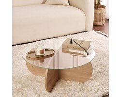 Ronde salontafel Aris eiken look melamine en transparant glas 75 cm