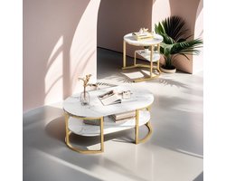 Ronde Salontafel – Bijzettafel – Koffietafel – Bijzettafeltje – Set van 2 – Modern Design – Marmerfineer & Metalen Frame – Ruimtebesparend – Stevig Tot 30 kg