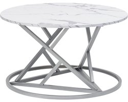 Ronde salontafel - Bijzettafel marmer - Woonkamer inrichten - Synthetisch marmerlook blad - 80x45 cm - Wit met zilver