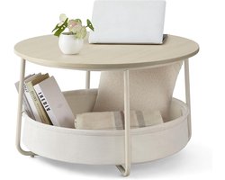 Ronde salontafel - Bijzettafel opbergtafel - Woonkamer inrichten - Met stoffen mand - 75 cm diameter - Natuurlijk beige