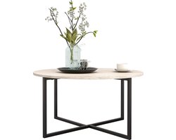 Ronde salontafel, bijzettafel, sofa tafel, salontafel, metalen onderstel en een houten tafelblad, industriële en Scandinavische interieurontwerp, woonkamertafel, modern, zwart.