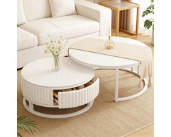 Ronde Salontafel - Bijzettafel Woonkamer - Stijlvolle Woonkamer - Met Opbergruimte - 50 en 70 cm - Marmerlook Wit