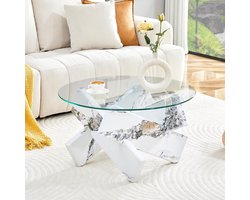 Ronde Salontafel - Glazen Tafel - Woonkamer Decoratie - Kruisstructuur Basis - 79 x 45 cm - Wit Transparant