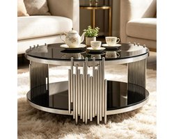 Ronde salontafel - Glazen tafel - Woonkamer inrichten - Dubbele glasplaat - 80 cm diameter - Zwart zilver