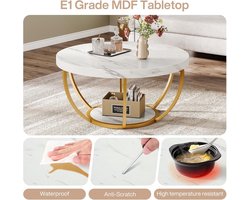 Ronde Salontafel HomeByNicole – Moderne 2-laags Midden Tafel met Wit Marmer en Gouden Metalen Poten – Luxe Woonkamer Theetafel en Opbergtafel – Stijlvol Accentmeubel 80x80x45 cm