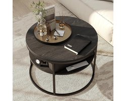 Ronde salontafel – In hoogte verstelbaar met verborgen opbergruimte, moderne zwarte houten tafel met hefblad voor woonkamer