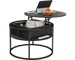 Ronde Salontafel - In Hoogte Verstelbaar - Salontafel met Verborgen Opbergruimte - Hefplaat - Zwart Houten Ontwerp