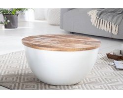 Ronde salontafel INDUSTRIELE OPSLAG 60cm wit natuurlijk mangohout met opbergruimte handgemaakt - 40892
