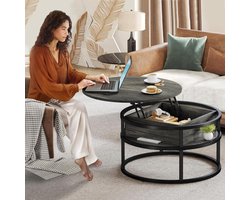 Ronde Salontafel met Hefblad 80x80x47 cm – Hoogte Verstelbare Koffietafel met Verborgen Opbergruimte, Lift-Top Woonkamertafel voor Thuiswerken & Dineren – Bruin – Pauwhome