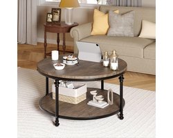 Ronde Salontafel met Klassieke Zuilpoten - 77x77x48cm - Koffietafel Landelijke Stijl - 2 Lagen met Open Opbergplank - Metalen Frame - Voor Woonkamer - Bruin