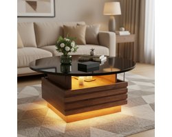 Ronde Salontafel met LED-verlichting en 2 Lades - Zwart Hout en Glas - Ø 80 cm x 40 cm - Moderne Bijzettafel voor Woonkamer.