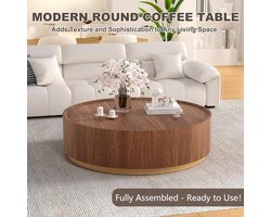 Ronde salontafel met opberglade 90 x 90 x 31 cm – moderne koffietafel in walnoot houtlook met verborgen opbergruimte, krasbestendig MDF design, volledig gemonteerd – Faisal