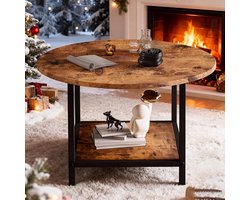 Ronde salontafel met opbergruimte – Bruin houten tafel met 2 planken en modern metalen frame, vintage stijl voor woonkamer