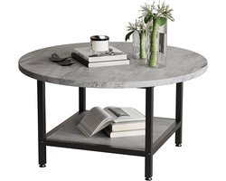 Ronde salontafel met opbergruimte – Rustiek bruin houten tafelblad met planken en modern metalen frame, geschikt voor woonkamer, greige