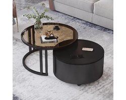 Ronde Salontafel met Opbergruimte, Set Van 2 in Elkaar Passende Salontafels, Roestvrijstalen Frame + Gehard Glas, met Wielen Voor Woonkamer, Thuiskantoor, Commercieel(A-Black)