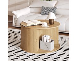 Ronde Salontafel met Schuifdeur En Opbergruimte - 70x70x40cm - Bijzettafel - Geribbeld Design - Ruimtebesparend - Voor Woonkamer Kleine Ruimtes - Houtkleur