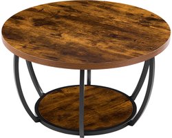 Ronde salontafel met twee niveaus, houten blad en open opbergruimte, minimalistisch metalen frame voor woonkamer of kantoor, eenvoudig te monteren, rustieke bruine afwerking