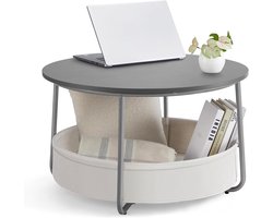Ronde salontafel - Opbergtafel bijzettafel - Woonkamer meubel - Met stoffen mand - 75x45 cm - Cementgrijs crèmewit