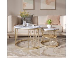 Ronde Salontafel Set – 2-delig Marmerlook Tafel met Gouden Metalen Frame, Moderne Bijzettafels